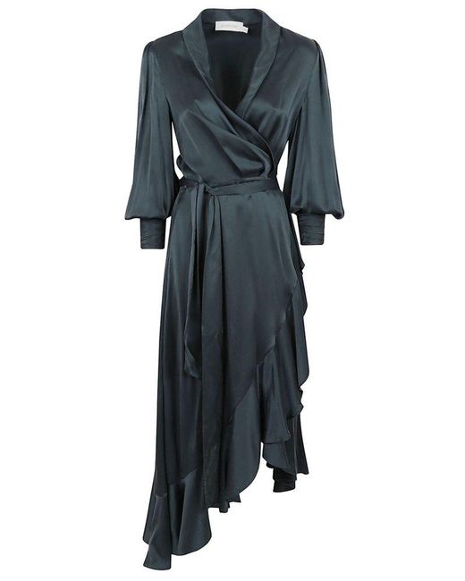 Zimmermann Blue Wrap Belted Long-sleeved Dress