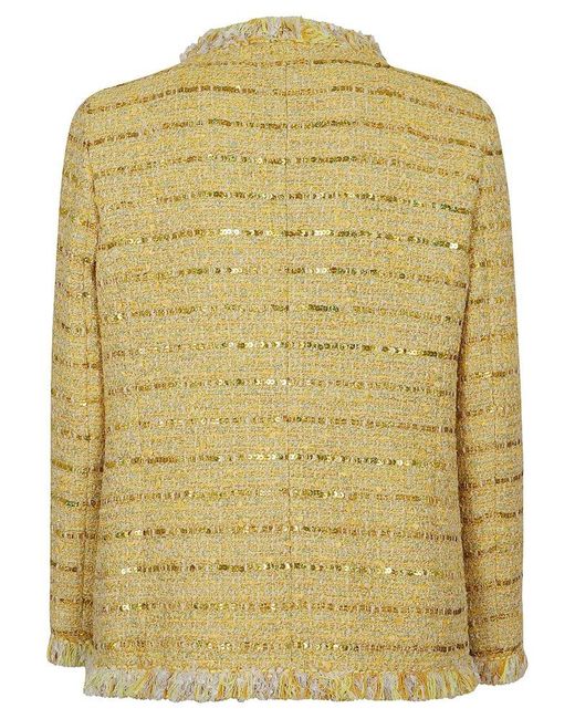 Giambattista Valli Yellow Sequin-embellished V-neck Tweed Fringed Jacket