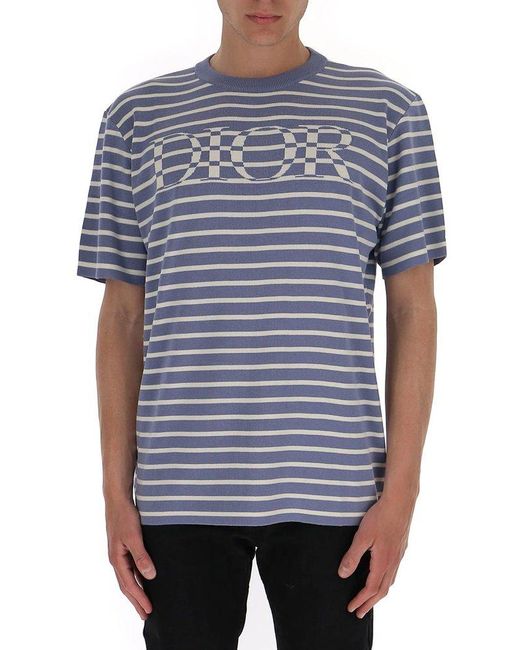 Dior Blue Logo Striped Oversized T-shirt for men