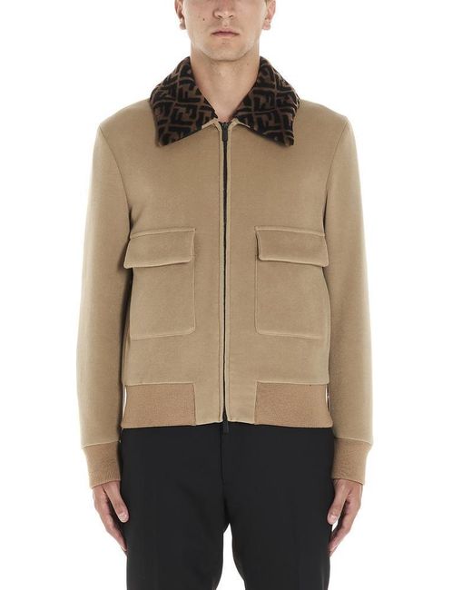 Fendi Natural Wool Bomber Jacket W/logo Fur Collar for men