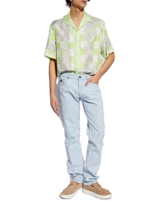 Versace Green Silk Shirt With Short Sleeves, for men