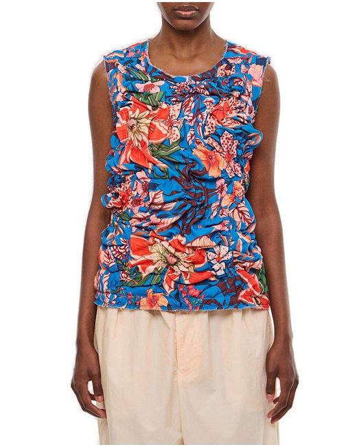 Comme des Garçons Blue Graphic Printed Ruched Sleeveless Top