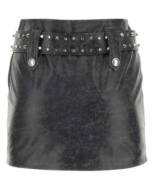Alessandra Rich Black Spike Detailed Belted Leather Mini Skirt