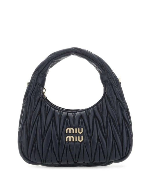 Miu Miu Blue Wander Matelassé Logo Plaque Mini Hobo Bag