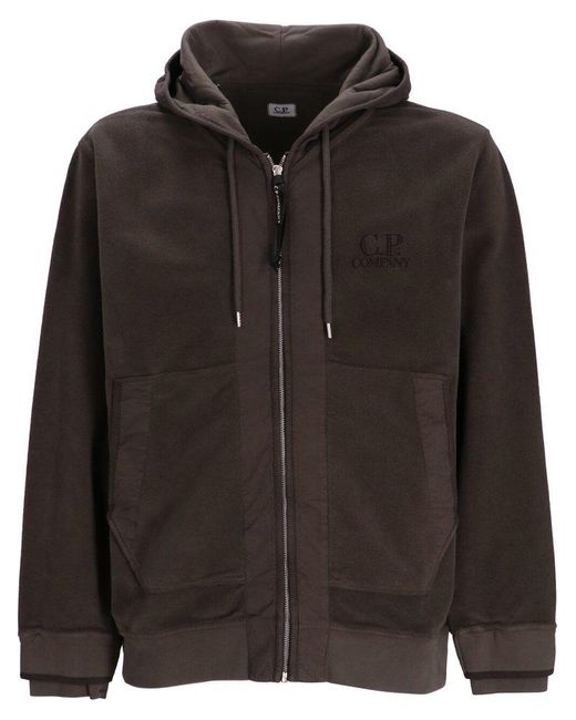 C P Company Black Logo-embroidered Zipped Cotton Hoodie for men