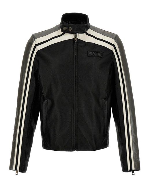 Moschino Black Leather Jacket With Contrasting Bands Casual Jackets, Parka for men