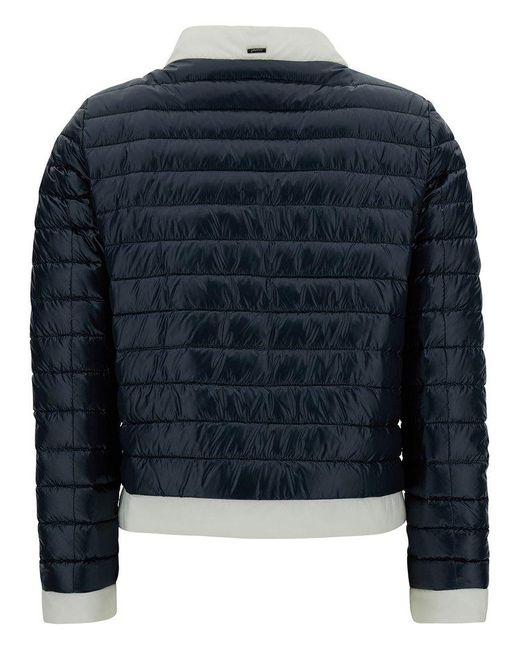 Herno Blue And Down Jacket With Funnel Neck And Contrasting Deta