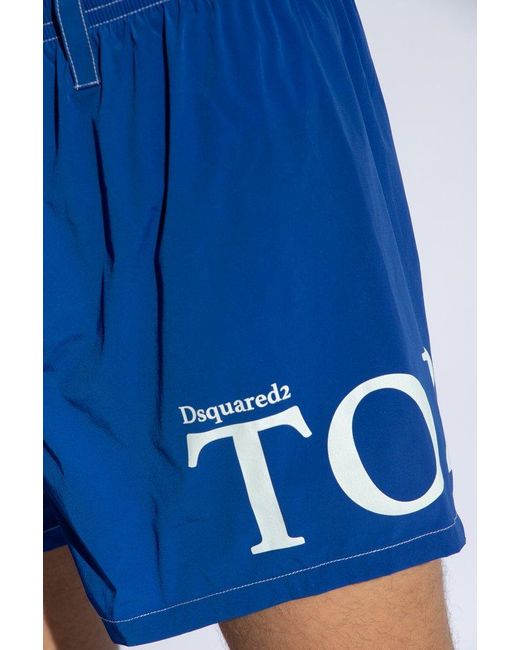 DSquared² Blue Logo Printed Drawstring Swim Shorts for men