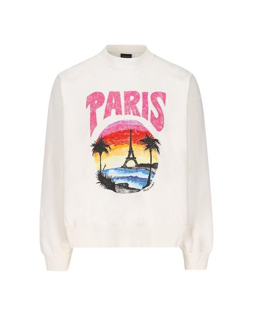Balenciaga White Tropical Paris Print Crewneck Sweatshirt for men