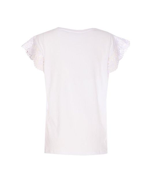 Twinset White Crewneck Lace-Cap-Sleeved T-Shirt