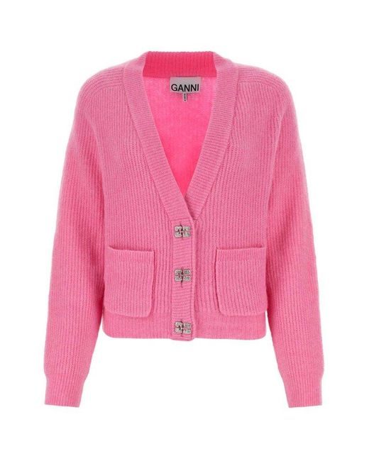 Ganni Pink Butterfly-button Long-sleeved Cardigan