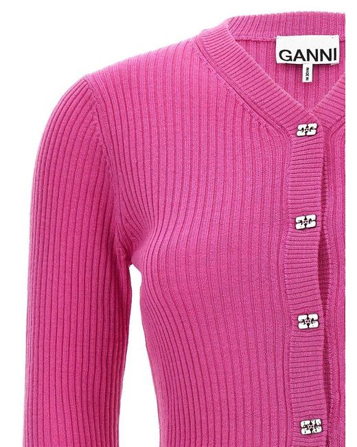 Ganni Pink Logo Buttons Cardigan
