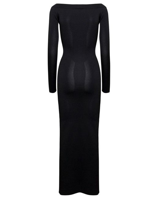 Saint Laurent Black Off-Shoulder V-Neck Long Dress