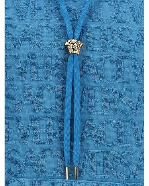 Versace Blue Logo-embossed Terry-cloth Drawstring Hoodie for men