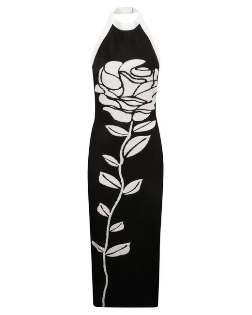 Balmain Black Rose Embroidered Halterneck Slim Dress