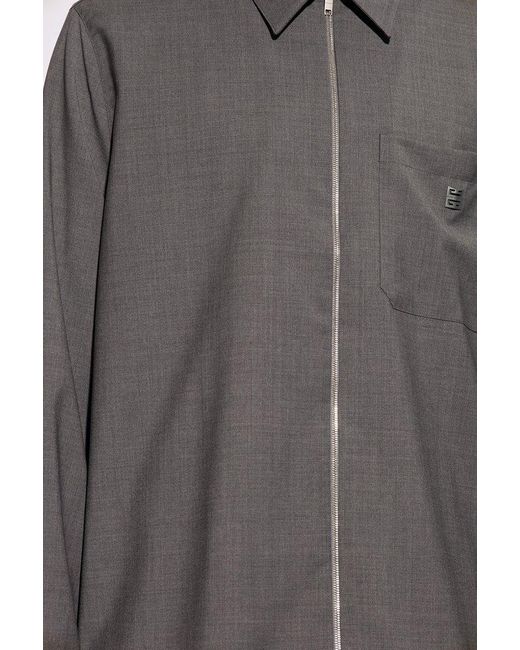Givenchy Gray Logo Plaque Zip-up Shirt for men