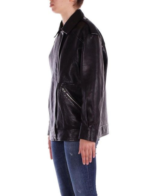 Pinko Black Press-Stud Fastened Leather Jacket