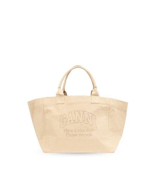 Ganni Natural Shopper Bag With Logo,