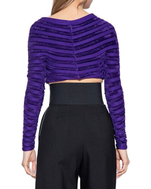 Alaïa Purple Off-Shoulder Ruched Cropped Velvet Top