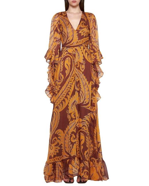 Etro Brown Allover Graphic Printed V-neck Maxi Dress