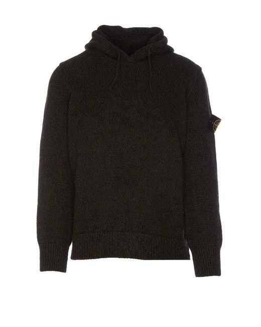 Stone Island Black Compass Patch Drawstring Knitted Hoodie for men