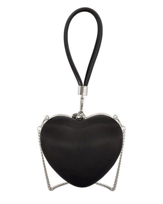 Self-Portrait Black Satin Top Handle Heart Clutch Bag