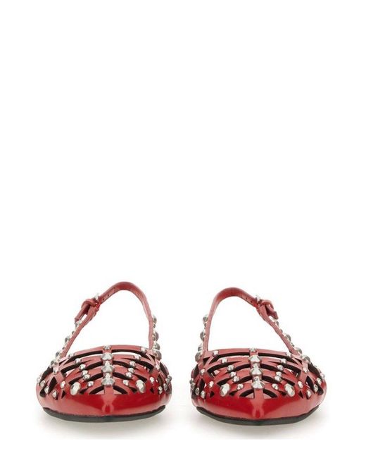 Ash Red Pointed-Toe Slingback Studded Flat Shoes
