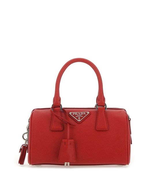 Prada Red Logo Plaque Saffiano Top Handle Bag