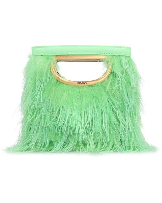 Pinko Green Feather Effect Logo Engraved Clutch Bag