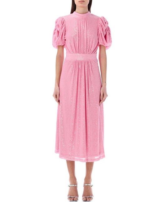 ROTATE BIRGER CHRISTENSEN Pink Sequin-embellished Short-sleeved Midi Dress