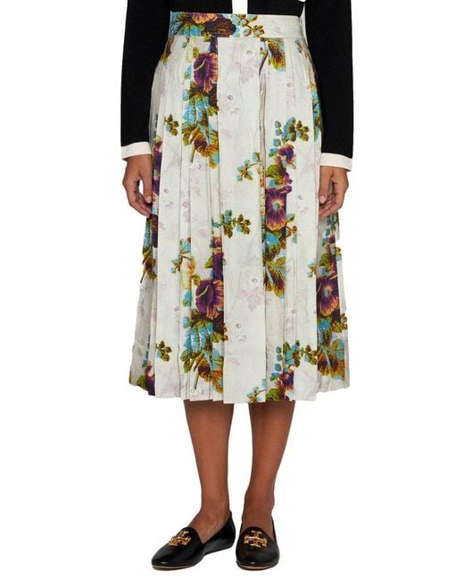 Tory Burch White Floral-printed Pleated Flared Skirt