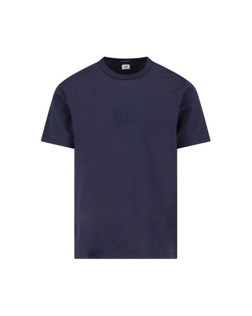 C P Company Blue Logo-embroidered Crewneck T-shirt for men