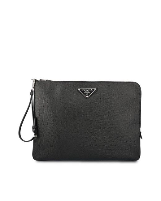 Prada Black Triangle-logo Zipped Clutch Bag for men