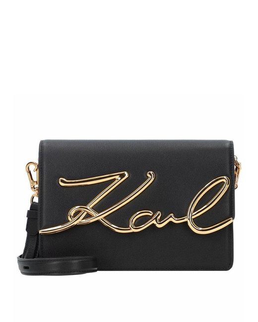 Karl Lagerfeld Black Medium Signature Leather Shoulder Bag