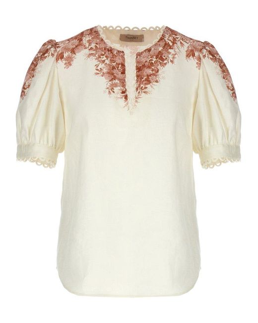 Twin Set White Floral-printed Puff-sleeved Chambray Blouse