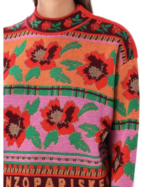 KENZO Red Pattern Intarsia Knitted Crewneck Jumper