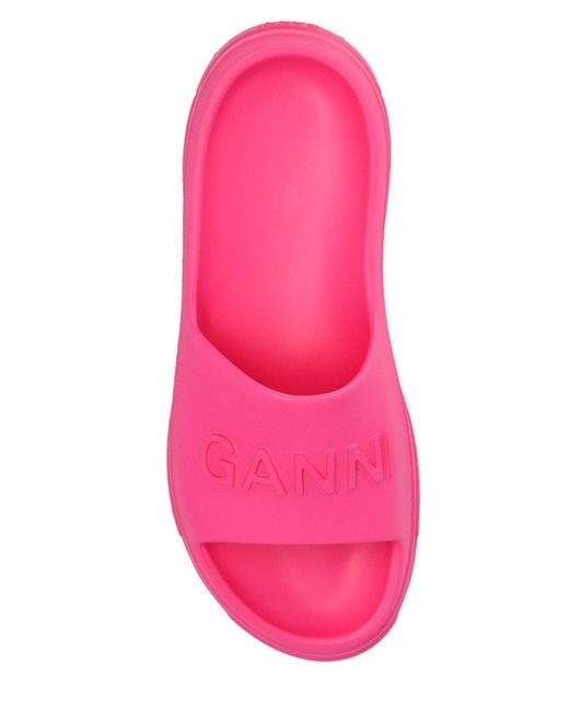 Ganni Pink Rubber Slides With Logo