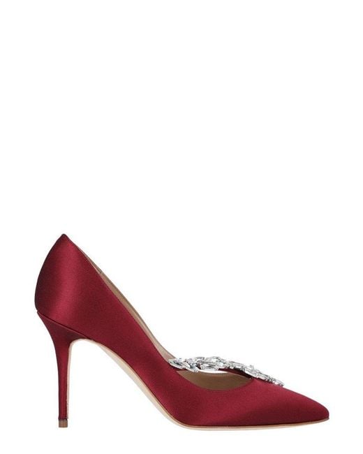 Manolo Blahnik Red Embellished Satin Pumps