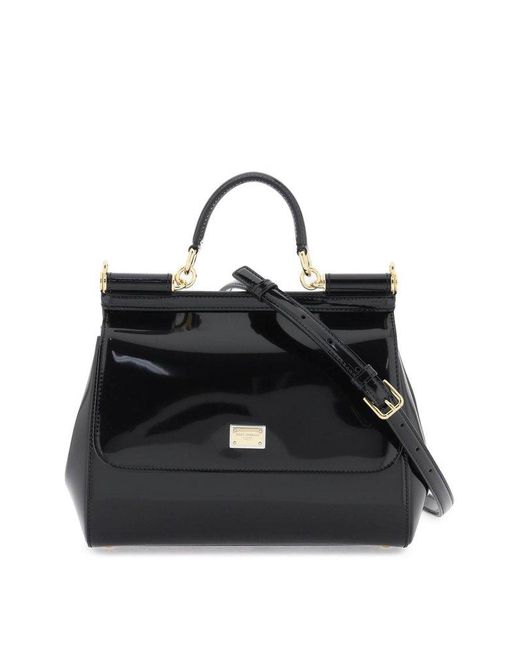 Dolce & Gabbana Black Glossy Leather Sicily Tote Bag