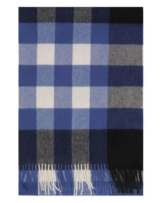 Burberry Blue Check Patterned Fringed Scarf