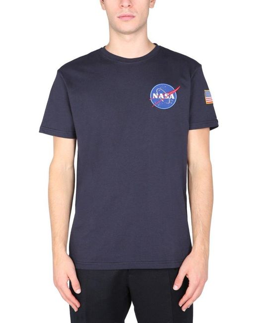 Men Lyst Alpha | for Industries Printed Space in Shuttle Crewneck Blue T-shirt
