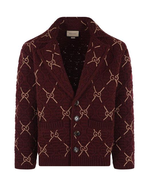 Gucci Red GG Jacquard Single-breasted Knit Coat for men