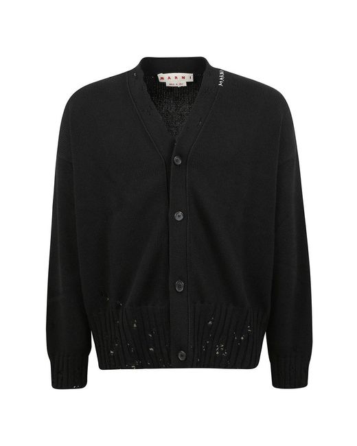 Marni Black Logo Embroidered V-Neck Knitted Cardigan for men