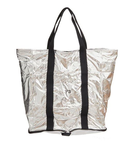 Y-3 White Logo Printed Zip-around Packable Tote Bag