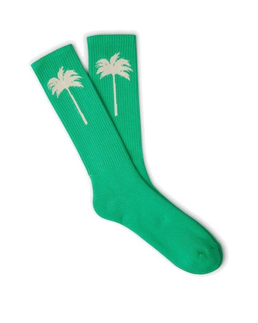 Palm Angels Green Palm Intarsia Knitted Socks for men