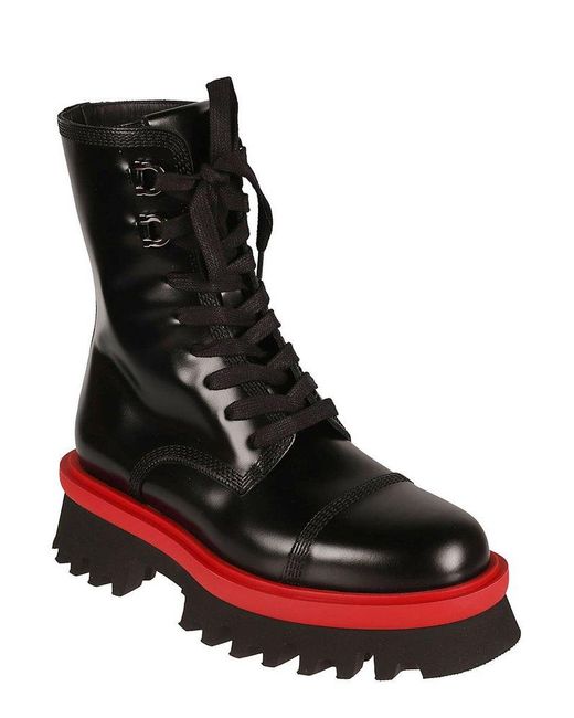 Ferragamo Black Chunky Sole Lace-up Combat Boots