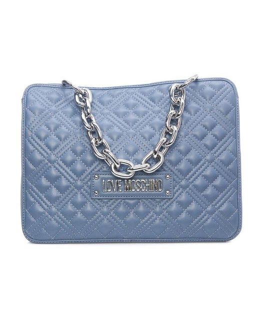 Love Moschino Blue Logo Plaque Quilted Tote Bag