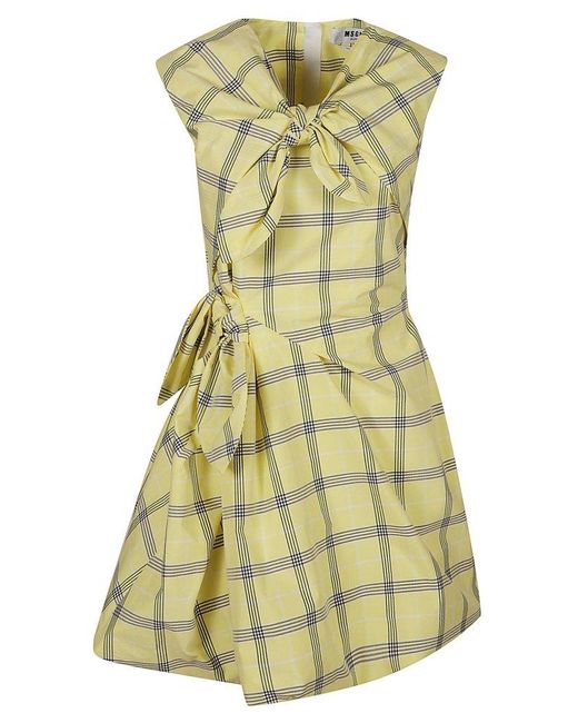 MSGM Green Bow Detail Check Patterned Flare Dress
