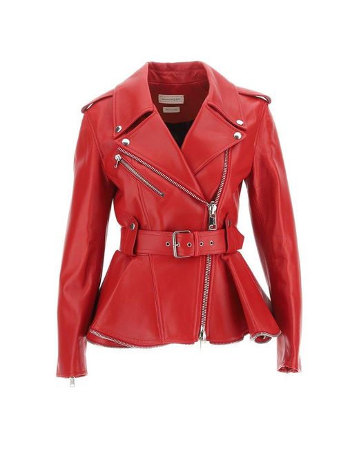Alexander McQueen Red Belted Zip-detailed Leather Peplum Biker Jacket