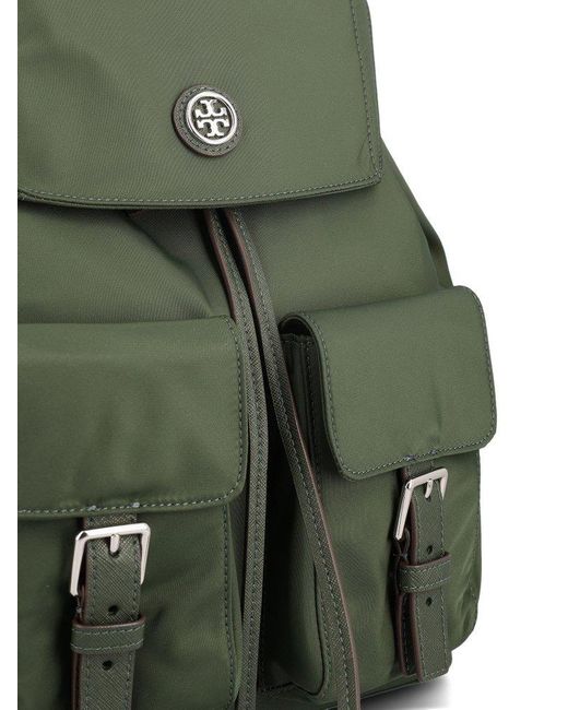 Tory Burch Green Logo Plaque Drawstring Backpack